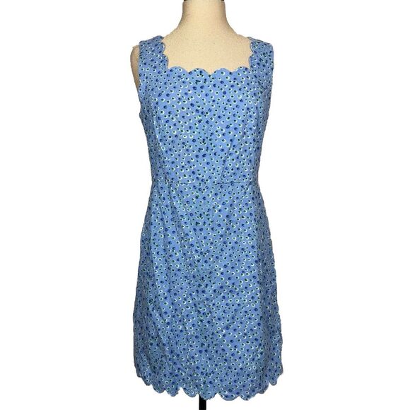 J. Crew Dresses & Skirts - J Crew Dress Womens 10 Blue Scalloped Edge Basketweave Floral Sheath Preppy